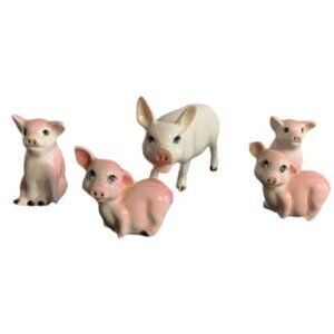 Vintage Shiken Bone China Japan Miniature Pink Pig Figurines Set